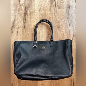 Tory Burch Large Black Leather Tote Handbag Shoulder Bag Gold Hardware